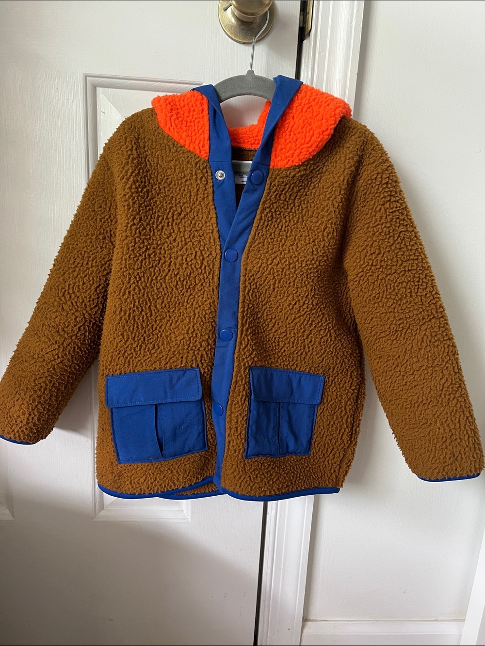 Old Navy Kids Brown Sherpa Jacket with Blue Trim and Orange Hood Lining